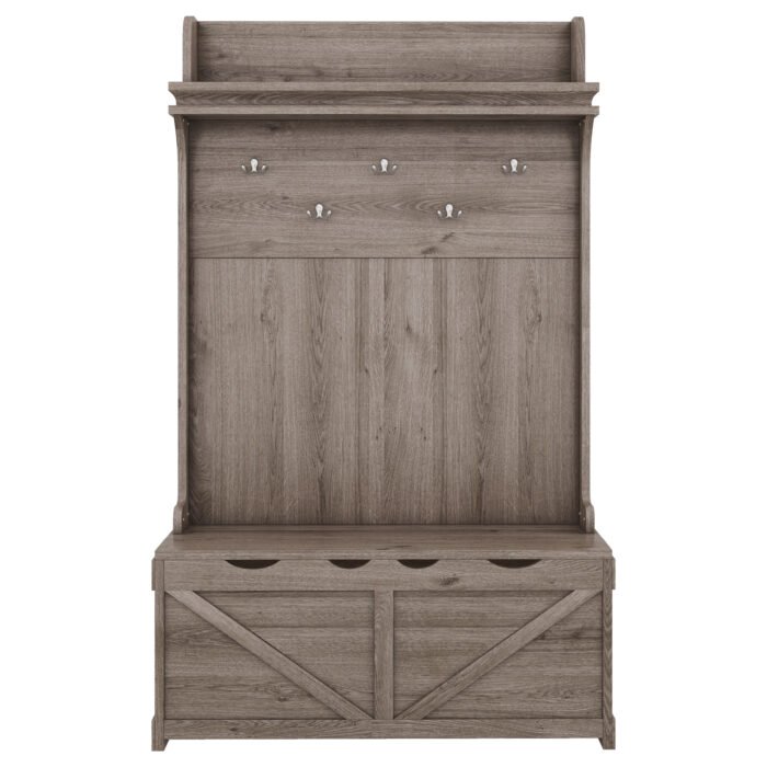 Hall tree with storage desk with drawers and 5 hooks, Oak - Image 13