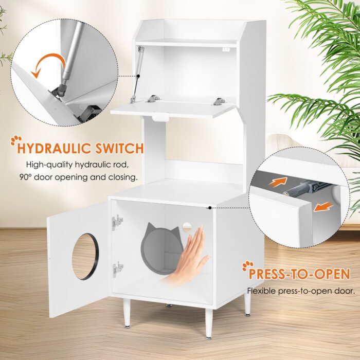 White wooden hidden cat trash can with rack and trash can shell - Image 6