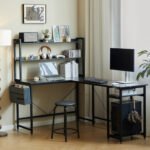 Home Office Desk L shape gaming desk with storage Shelves and stool