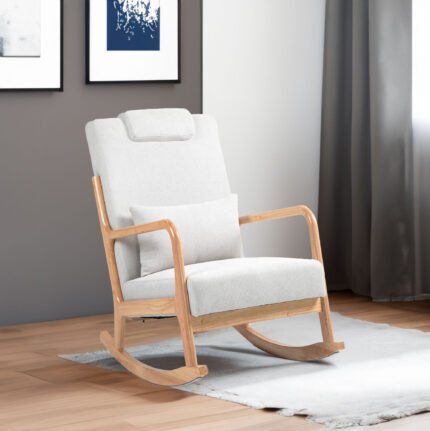 Rocking  Upholstered Fabric Armchair with High Backrest Glider and Lumbar Pillow