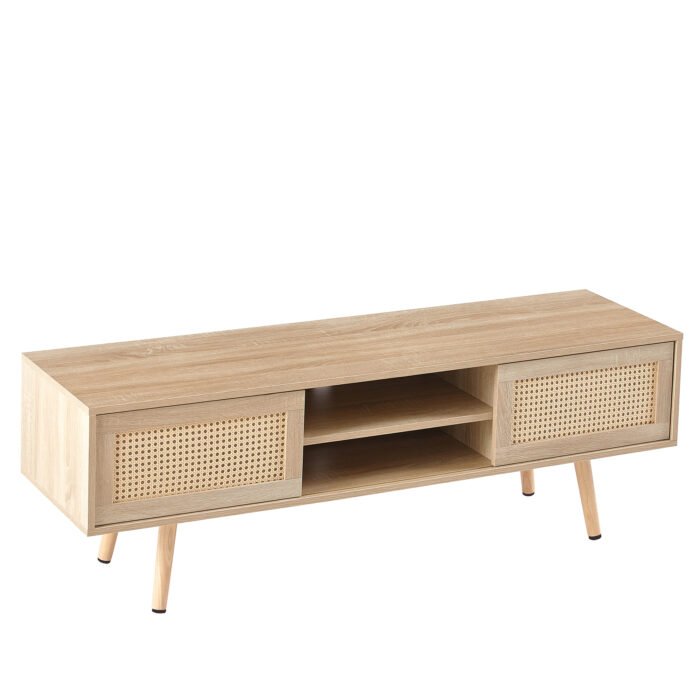 Rattan TV cabinet with double sliding doors and adjustable shelfs and solid wooden legs, Natural - Image 7