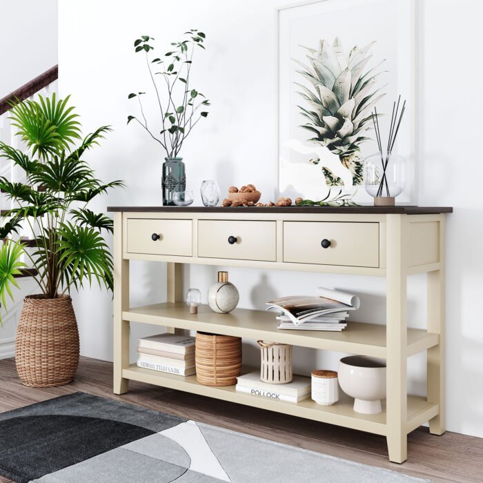 Retro Design Console Table with Two Open Shelves (Espresso+Beige) - Image 2