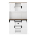 Farmhouse Bar Cabinet with Sliding Barn Door Rustic Coffee, White - Image 2