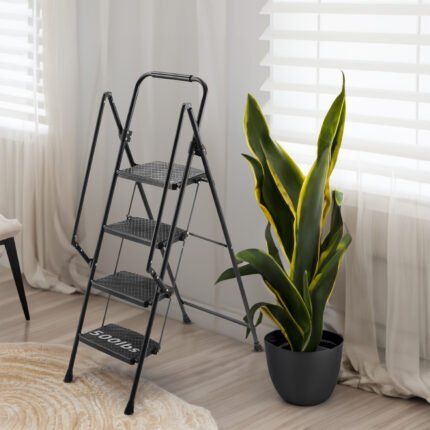 Four step lightweight folding ladder with wide anti slip pedal and safety handle
