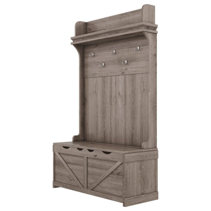 Hall tree with storage desk with drawers and 5 hooks, Oak - Image 5