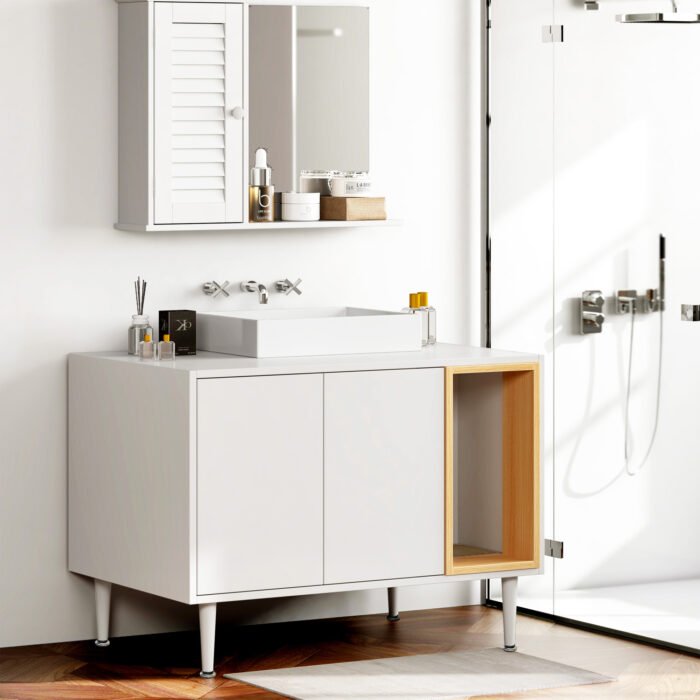 Bathroom sink cabinet with cat trash can shell and hidden garbage pet bathroom - Image 4