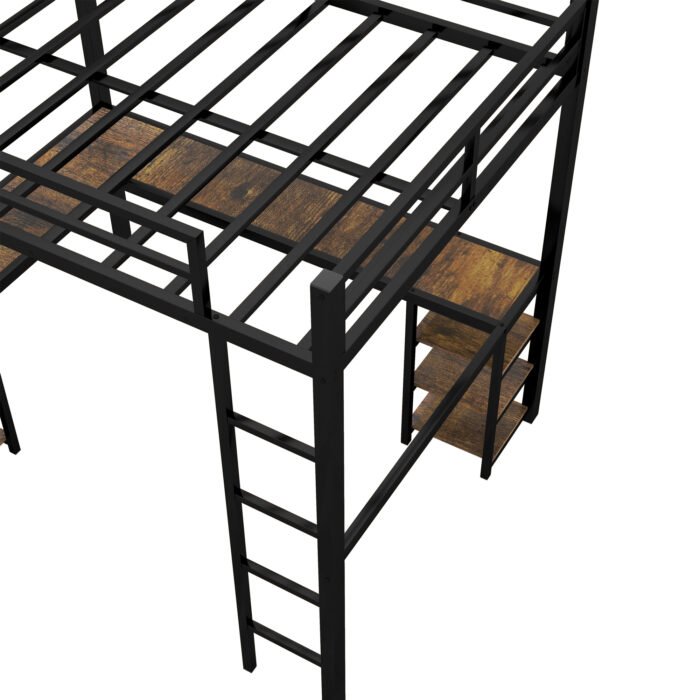 Full Size Metal Loft Bed with Desk, Shelves, Ladder and Guardrails, Black - Image 13