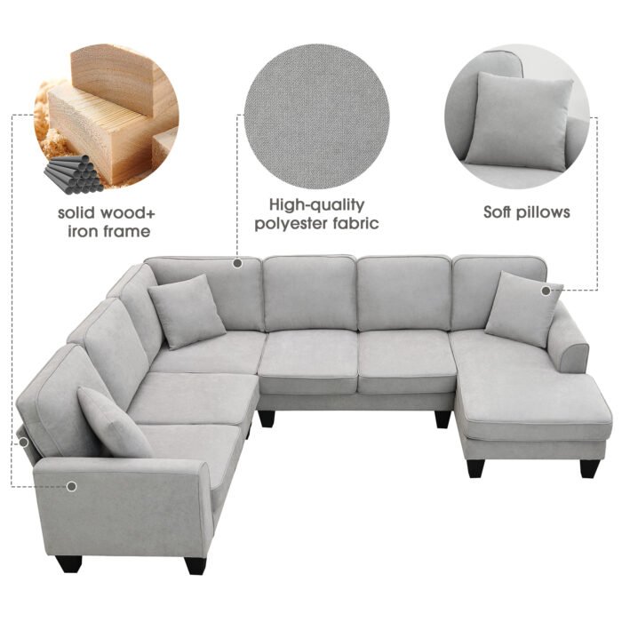 Modern U Shape Sectional Sofa 7 Seat Fabric Sectional Sofa Set - Image 11