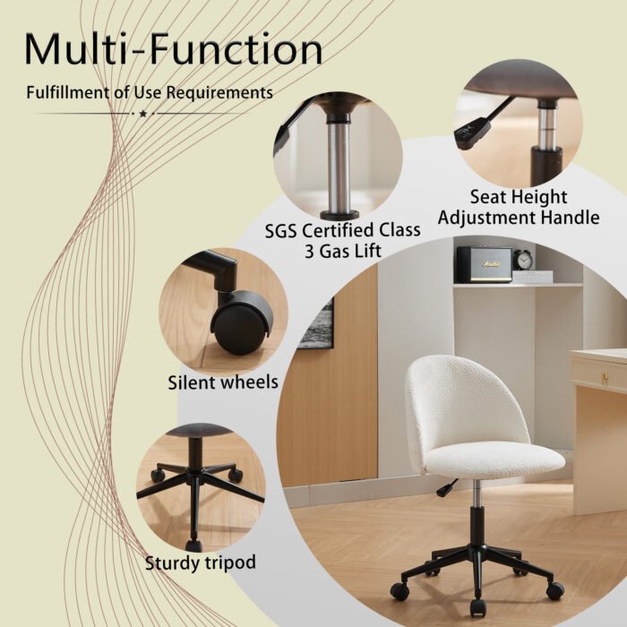 Velvet fabric adjustable rotating office chair with mid back, White - Image 3