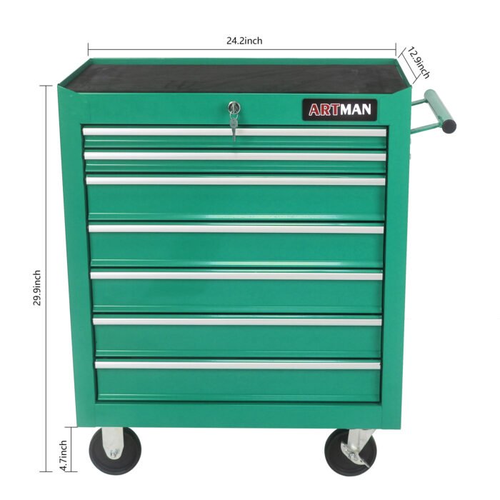 7 Drawers Multifunctional Tool Cart With Wheels, Green - Image 2