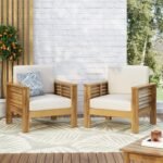 Outdoor Acacia Wood Club Chairs with Cushions, Teak+Beige (Set of 2)