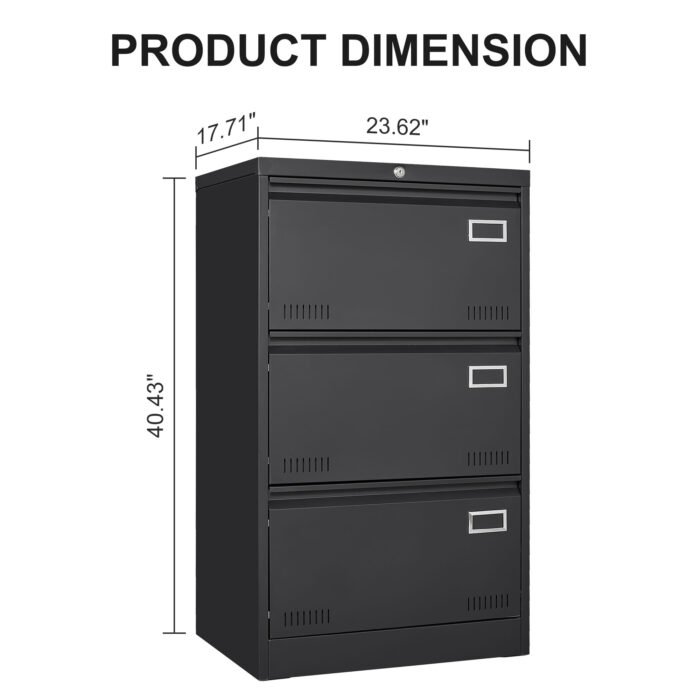 Filing Cabinet with 3 Drawer and Locking, Black - Image 6