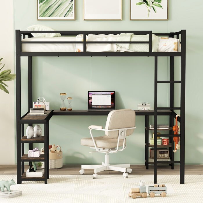 Full Size Metal Loft Bed with Desk, Shelves, Ladder and Guardrails, Black - Image 4
