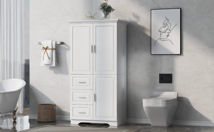 Tall and Wide Storage Cabinet with Doors for Bathroom/Office, Three Drawers, White - Image 3