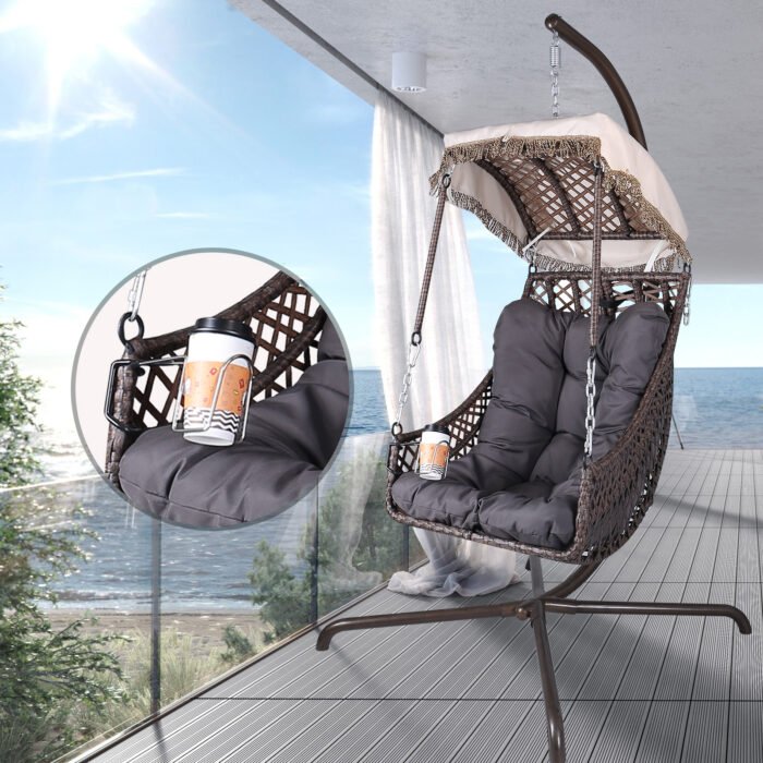 Swing Egg Wicker Rattan Frame Chair with Stand Indoor or Outdoor (350lbs Capacity) - Image 3
