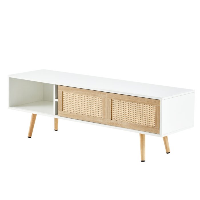 Rattan TV cabinet with double sliding doors and adjustable shelfs and solid wooden legs, White - Image 6