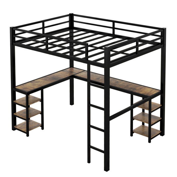 Full Size Metal Loft Bed with Desk, Shelves, Ladder and Guardrails, Black - Image 14