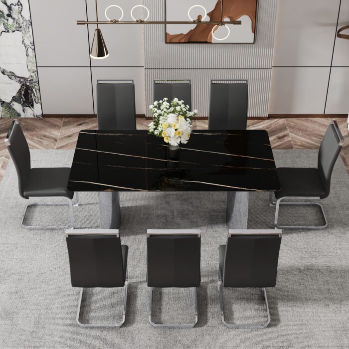 Modern minimalist dining table marble glass imitation with silver metal legs - Image 4