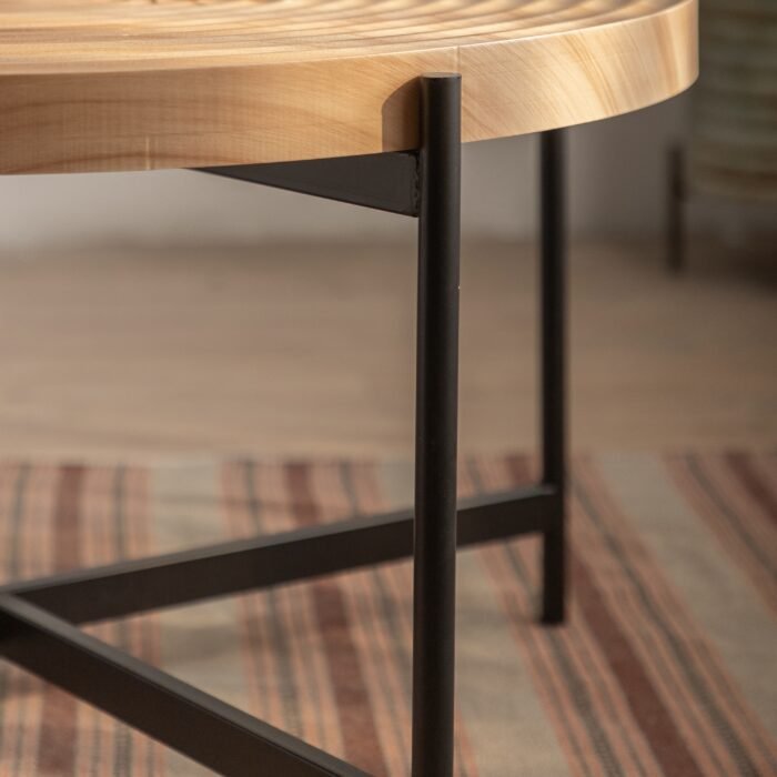 Modern Thread Design Round Coffee Table MDF Table Top with Cross Legs Metal Base - Image 8