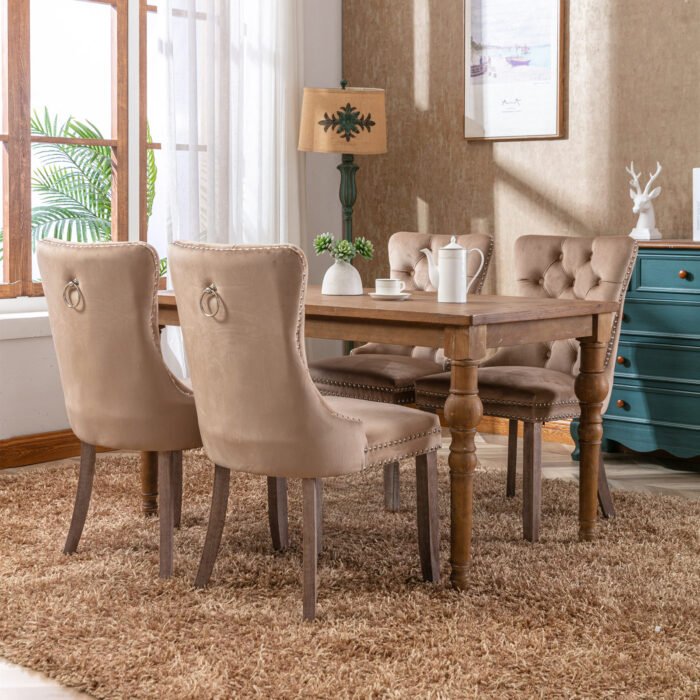 Tufted Solid Wood Contemporary Velvet Upholstered Dining Chairs (2-Pcs Set) Light Brown - Image 3