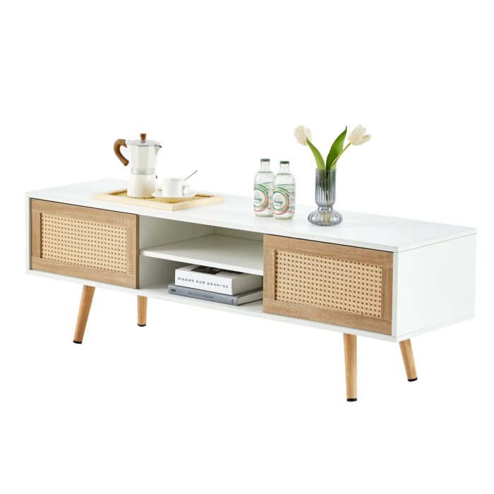 Rattan TV cabinet with double sliding doors and adjustable shelfs and solid wooden legs, White - Image 4