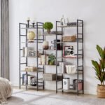 Triple Wide 5-shelf Bookshelves Industrial Retro Wooden Style, Grey - Image 2