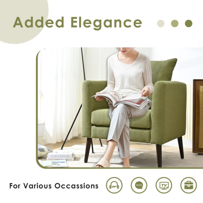 Barrel modern style fabric armchair with solid wood legs and cushion - Image 11