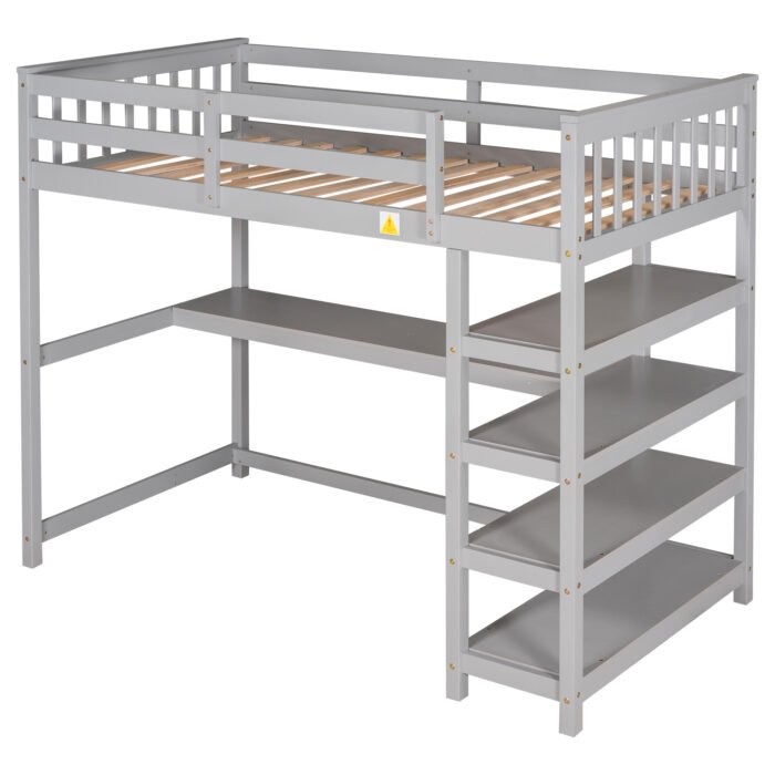 Twin Size Loft Bed with Storage Shelves and Under-bed Desk Gray - Image 2