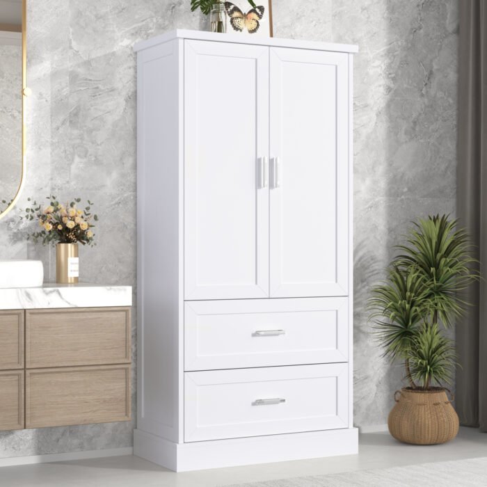 Tall Bathroom Storage Cabinet with Two Doors and Drawers and Adjustable Shelf - Image 3