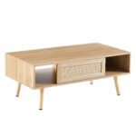 Rattan Coffee table sliding door with storage and solid wood legs - Image 5