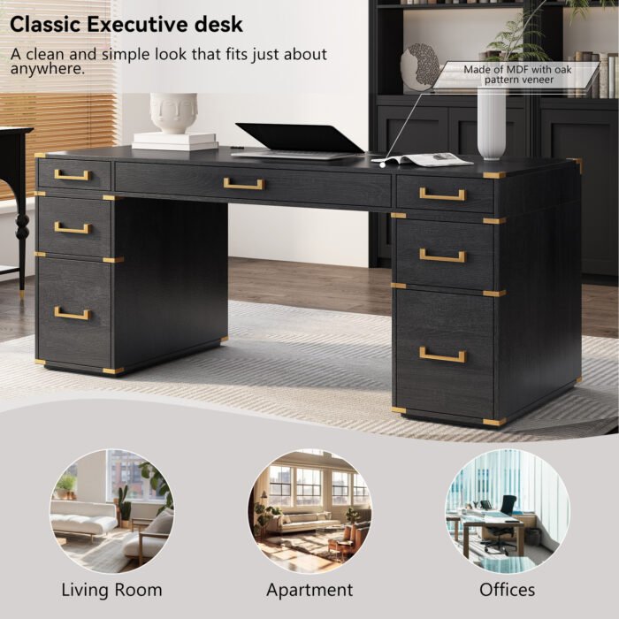 70 inch classic and traditional executive desk with metal trim and 2 file drawers and USB ports - Image 4