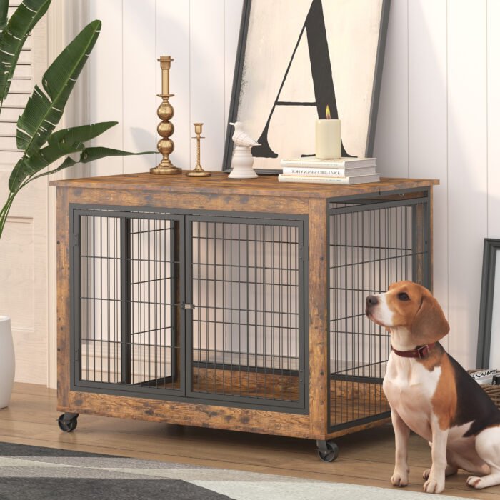 Furniture Dog Cage with Double Doors, Rustic Brown - Image 3