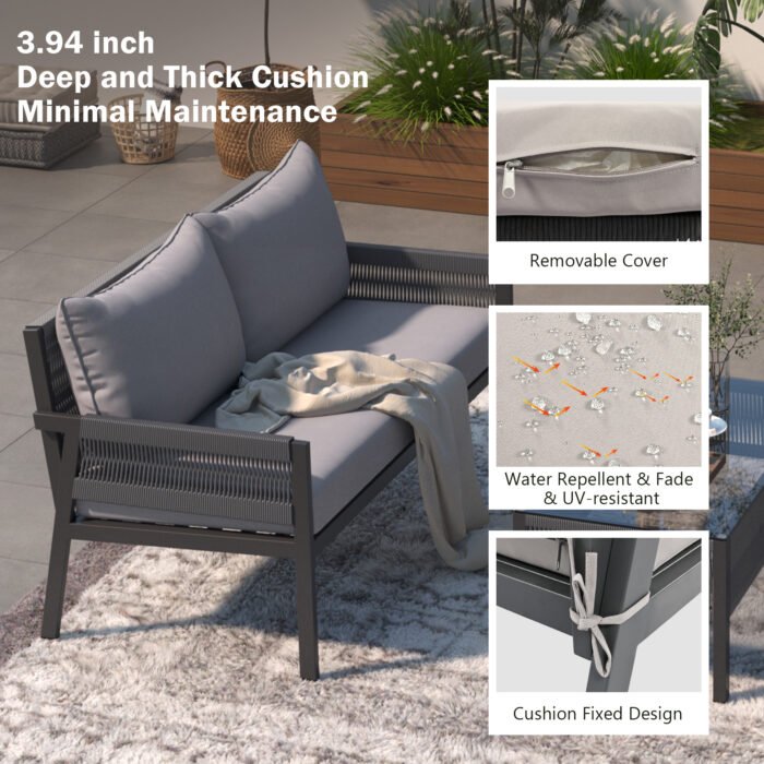 Outdoor Deep Seating Furniture Set with Tempered Glass Table with Thick Cushions, Gray - Image 3