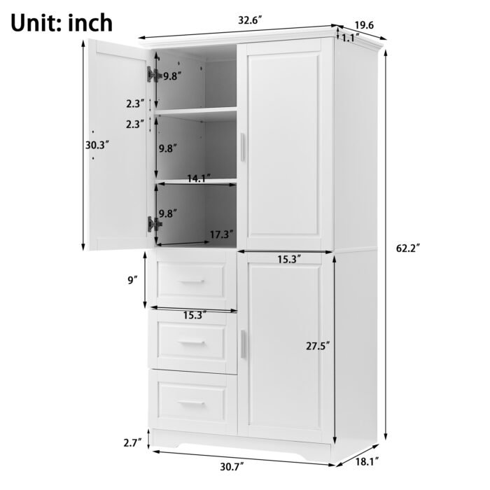 Tall and Wide Storage Cabinet with Doors for Bathroom/Office, Three Drawers, White - Image 11