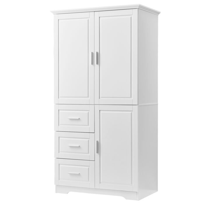 Tall and Wide Storage Cabinet with Doors for Bathroom/Office, Three Drawers, White - Image 19