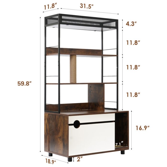 Cat Wooden Litter Box Enclosure with Shelves and Scratching Posts - Image 6