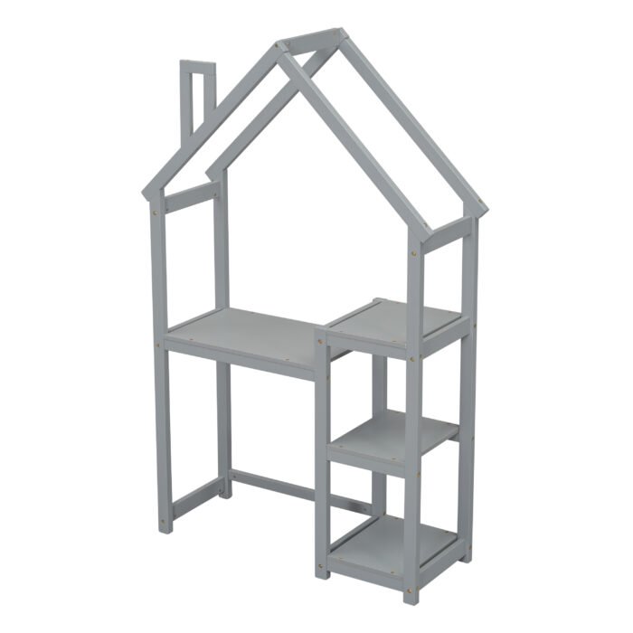 House-shaped Wooden writing Desk Kids study Table Bookshelf Gray - Image 11