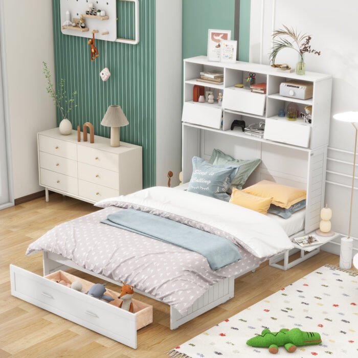 Queen Size Murphy Bed with Bookcase, Bedside Shelves and a Big Drawer, White - Image 3