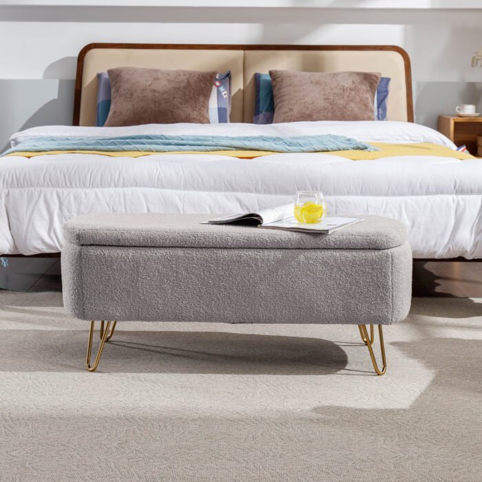 Grey Storage Ottoman Bench for End of Bed Gold Legs - Image 2