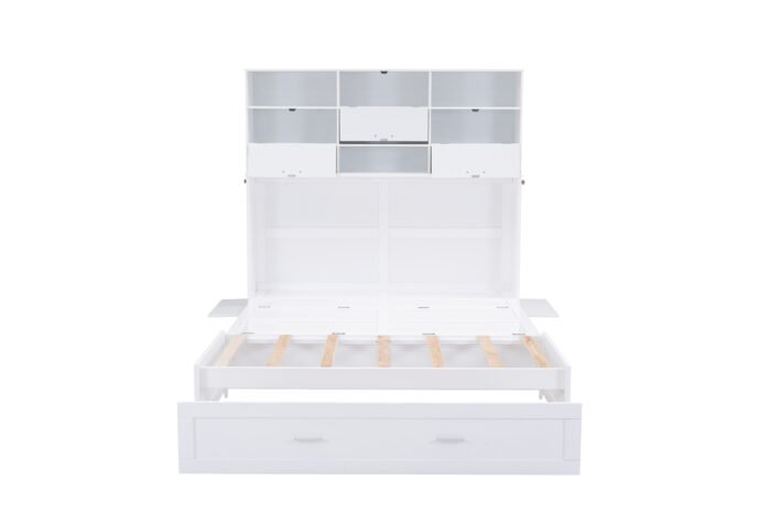 Queen Size Murphy Bed with Bookcase, Bedside Shelves and a Big Drawer, White - Image 10