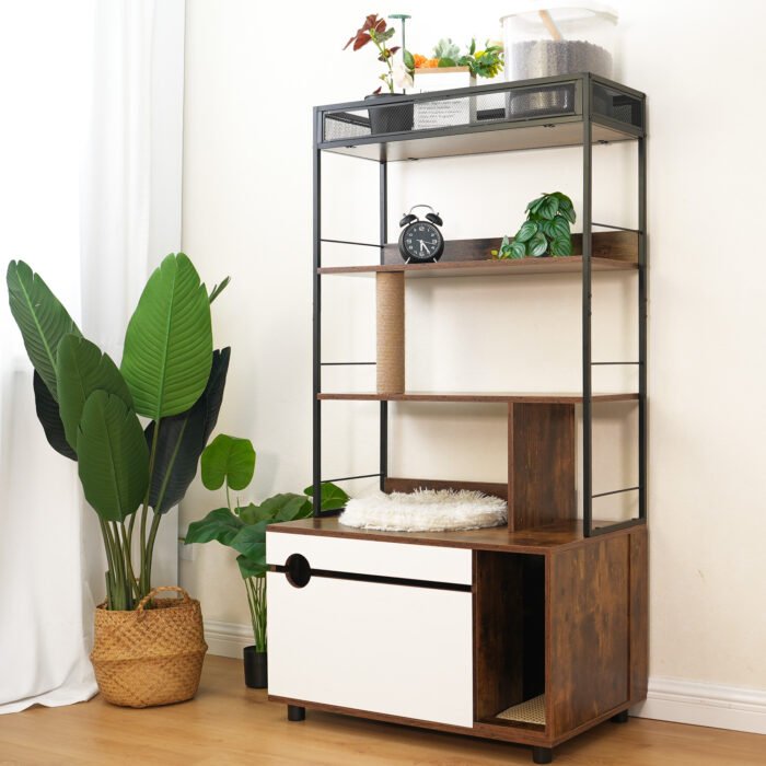 Cat Wooden Litter Box Enclosure with Shelves and Scratching Posts - Image 2