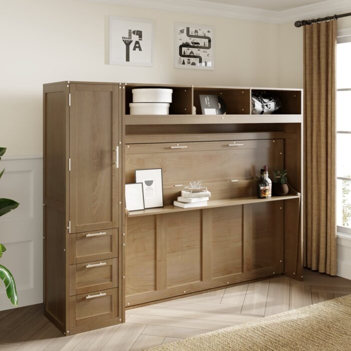 Full Size Murphy Bed with Wardrobe, Drawers and Open Shelves, Antique Grey - Image 2