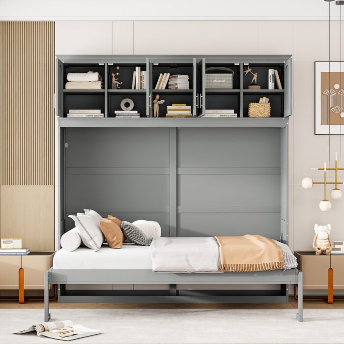 Full Size Murphy Bed Wall Bed with Top Cabinets,Gray - Image 3