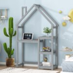 House-shaped Wooden writing Desk Kids study Table Bookshelf Gray