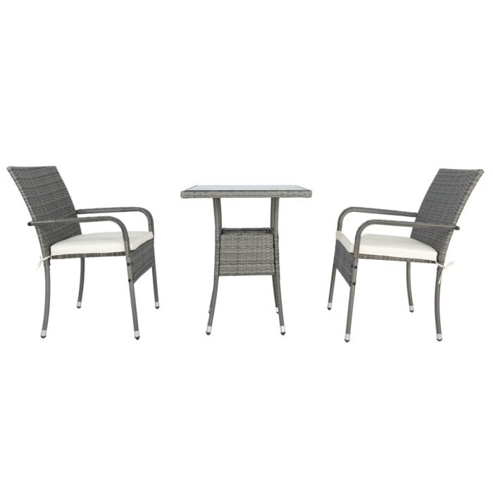 3 Piece Patio Wicker Conversation Set Grey Wicker + white Cushion - Image 9