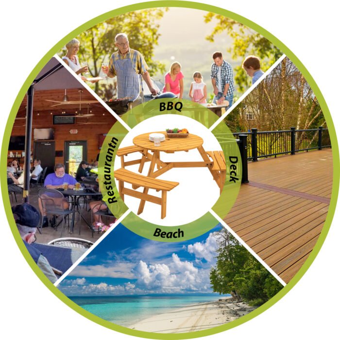 6-Person Circular Outdoor Wooden Picnic Table for Patio - Image 4