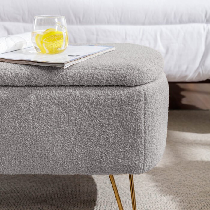 Grey Storage Ottoman Bench for End of Bed Gold Legs - Image 7