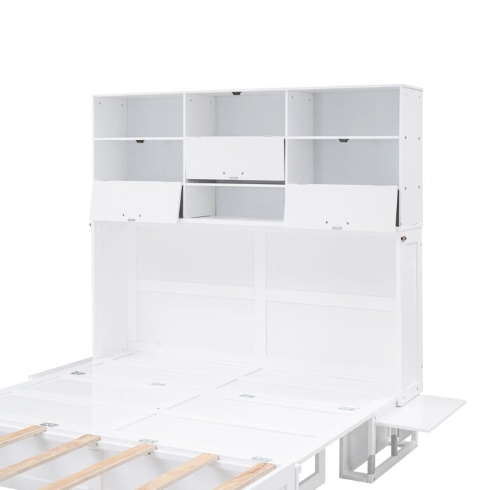 Queen Size Murphy Bed with Bookcase, Bedside Shelves and a Big Drawer, White - Image 8