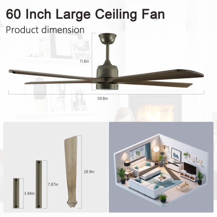 60" 6-speed modern wooden ceiling fan with lighting and remote control - Image 2