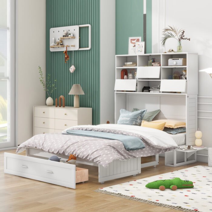 Queen Size Murphy Bed with Bookcase, Bedside Shelves and a Big Drawer, White - Image 2